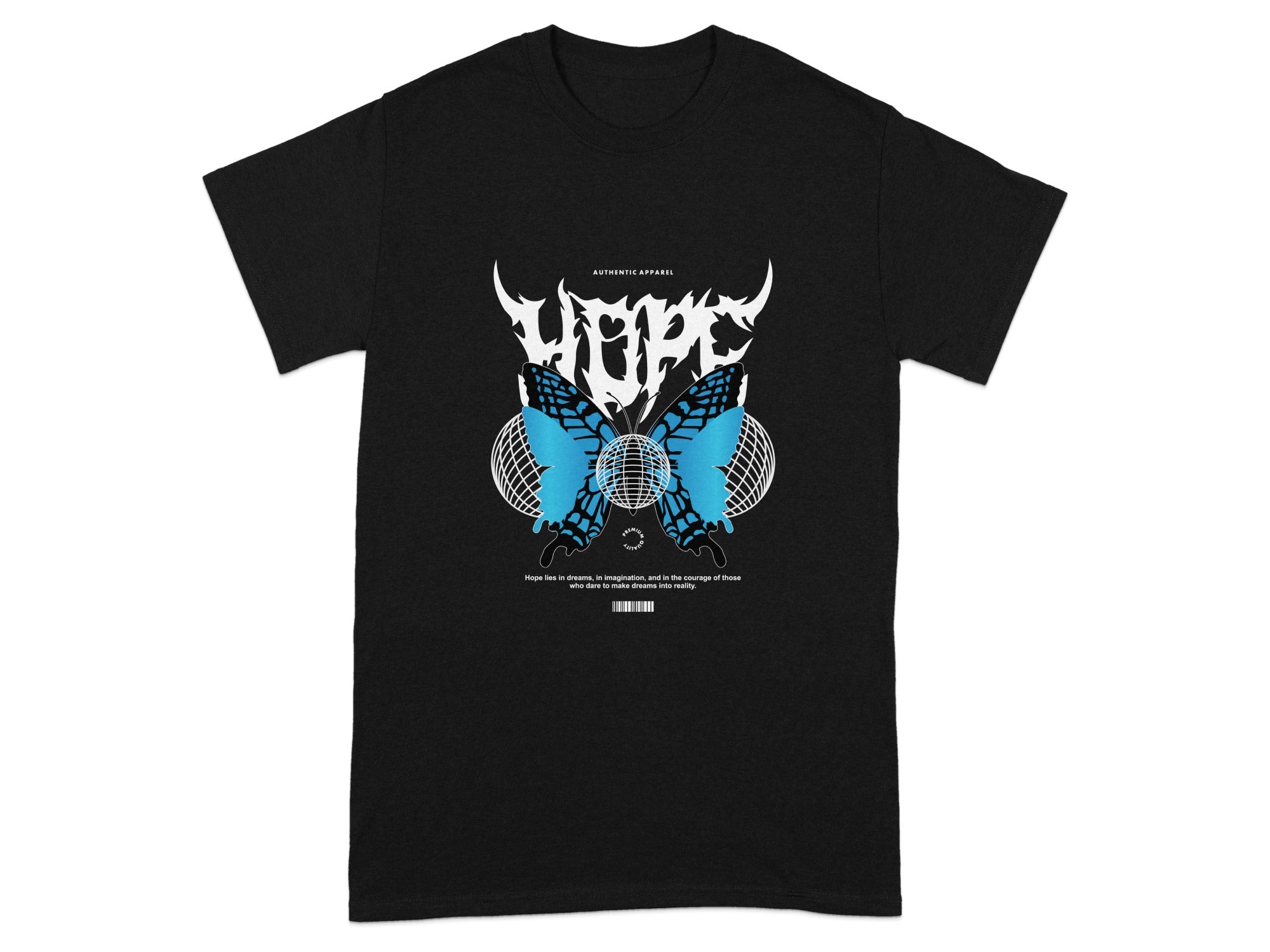 Black Tee With Blue Butterfly And Typography Design