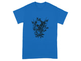 Blue T-shirt with Skull and Leaves Graphic Design